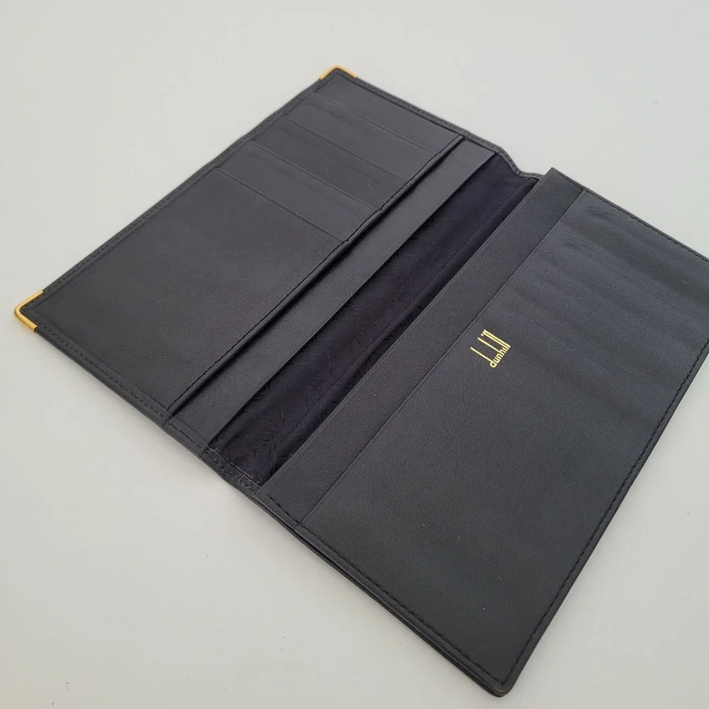 Dunhill Mens Black Leather Long Bi-Fold Wallet Gold Tone Corners Logo Pocket